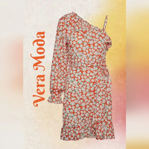 Vera Moda Mini Dress Sz S Pretty Floral One Shoulder Faux Wrap Ruffles *No Belt*